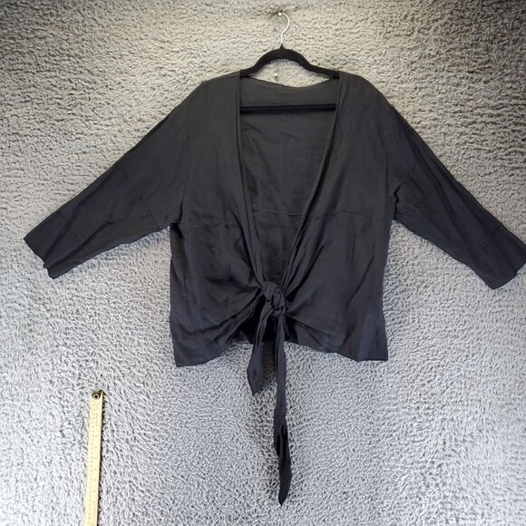 Match Point Top Womens Large Black Linen Tie-Front Blouse USA - Picture 1 of 9